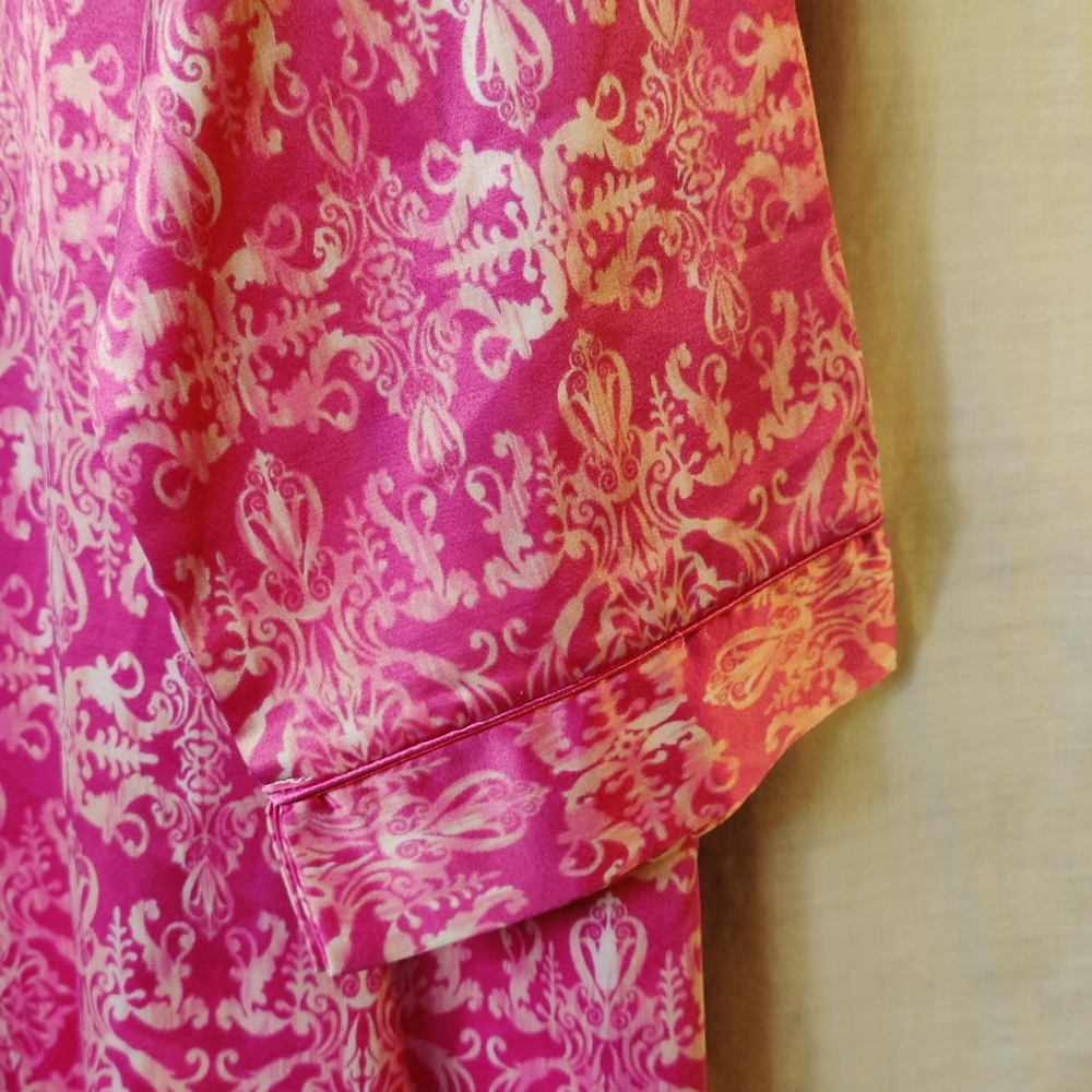 Miss Elaine Pink Satin Damask Robe M Full Zip Tassel Pockets Soft Lounge - Picture 9 of 15